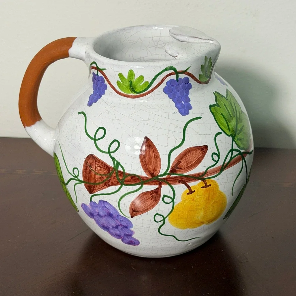 Vintage Portugal Hand Painted Ceramic Pitcher Grape Vine Crackle Glaze Vase